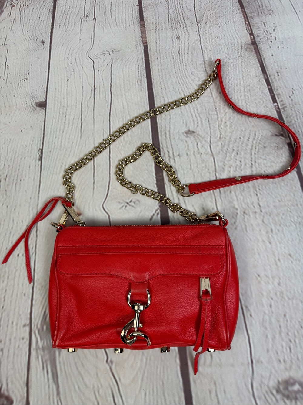 REBECCA MINKOFF MAC red leather crossbody bag with gold chain strap